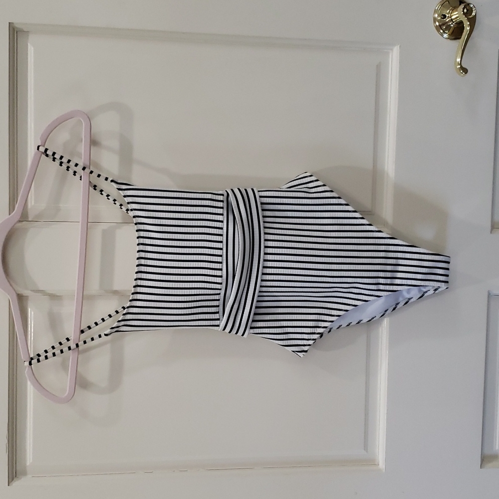 Shade & Shore White and Black Striped One Piece Swimsuit